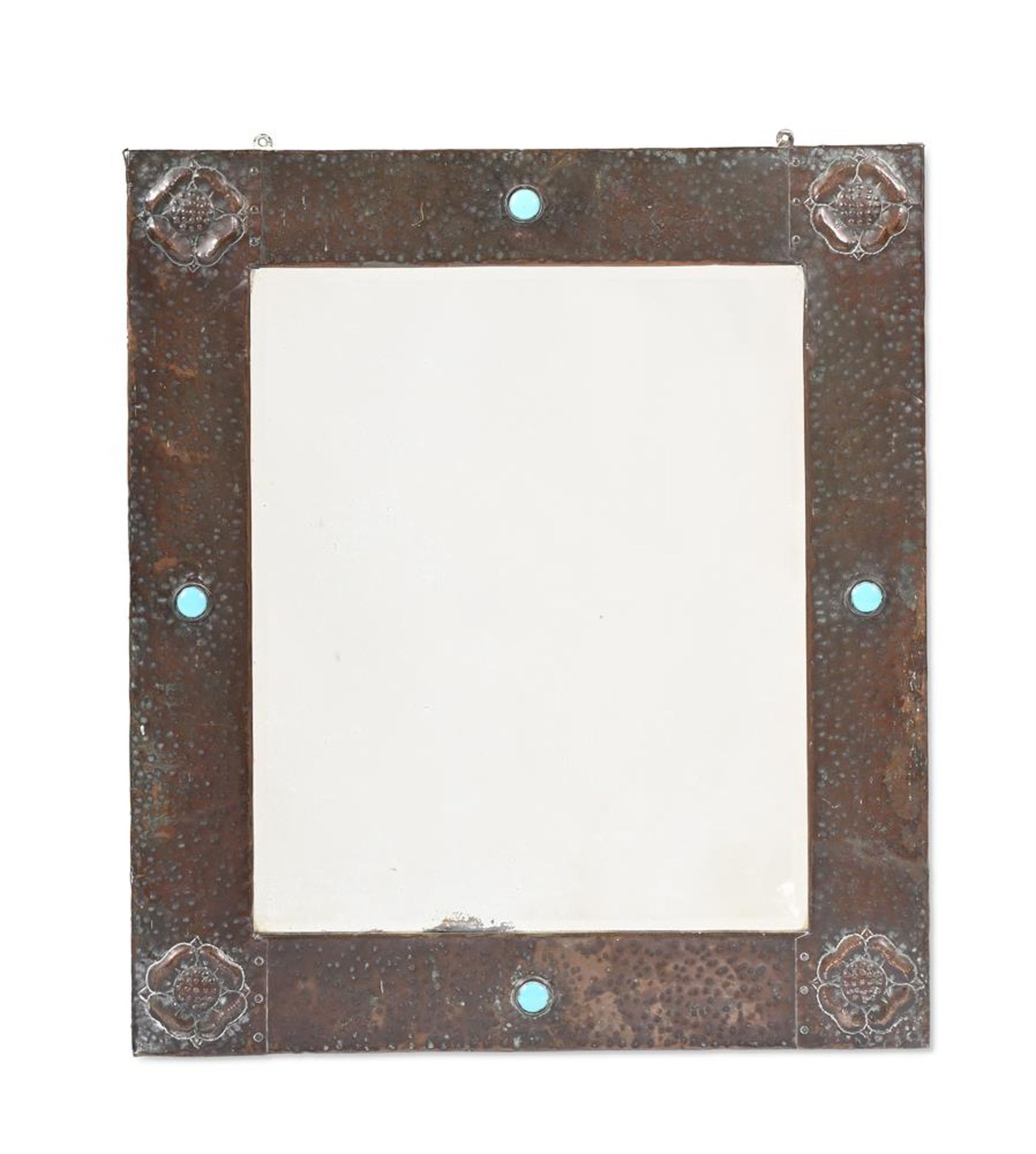 AN ARTS AND CRAFTS HAMMERED COPPER AND TURQUOISE ENAMEL WALL MIRROR, BY LIBERTY & CO