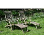 A PAIR OF HARDWOOD 'STEAMER' STYLE GARDEN LOUNGERS, 20TH CENTURY