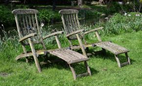 A PAIR OF HARDWOOD 'STEAMER' STYLE GARDEN LOUNGERS, 20TH CENTURY