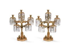 A PAIR OF FRENCH ORMOLU AND CUT GLASS CANDELABRA LATE 19TH CENTURY