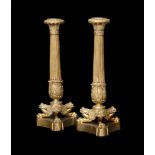 A PAIR OF ORMOLU CANDLESTICKS OF HERCULANEUM FORM, LATE 19TH OR EARLY 20TH CENTURY