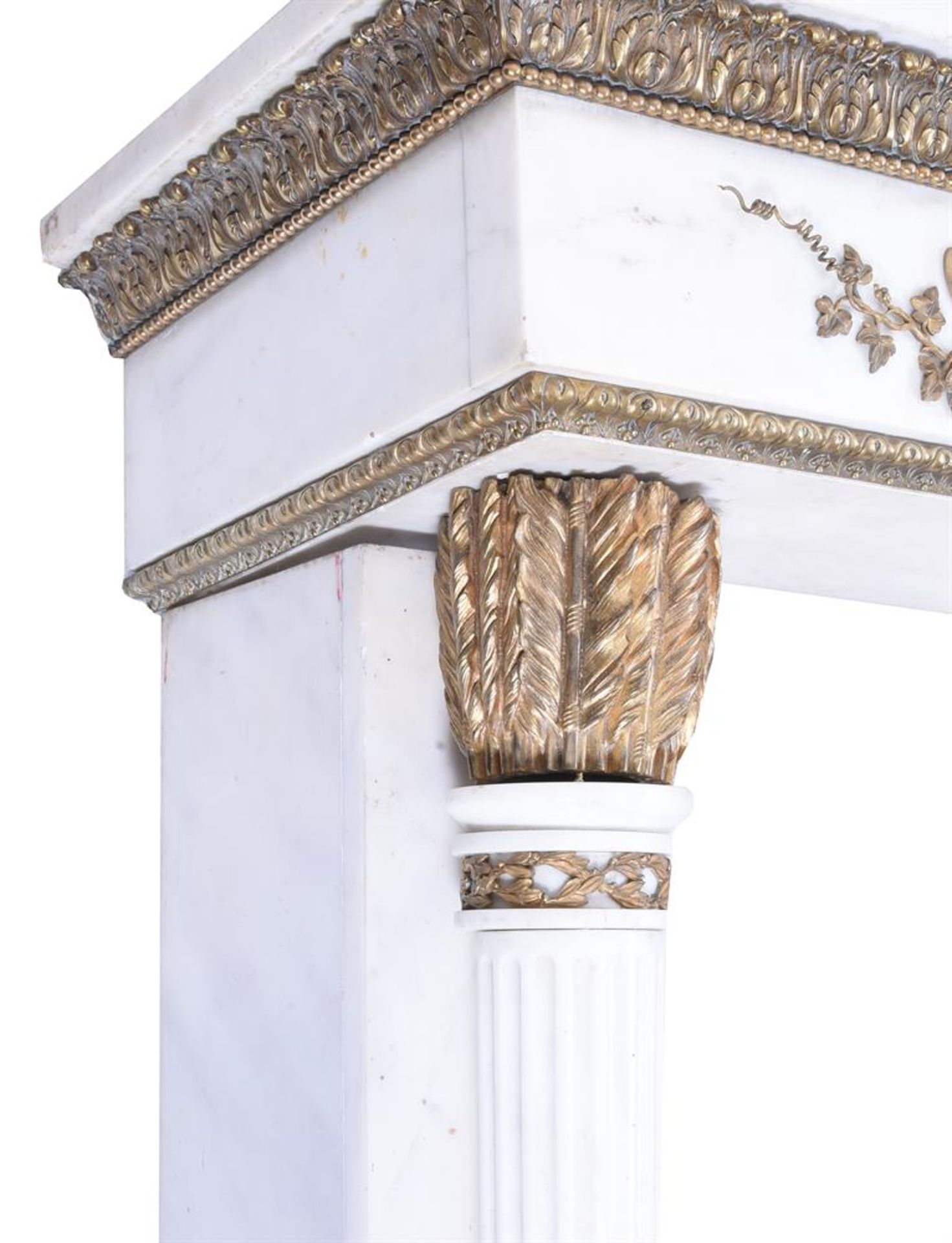 A GILT METAL MOUNTED CARRARA MARBLE FIRE SURROUND, AFTER JOSEPH-FRANÇOIS BÉLANGER, CIRCA 1900 - Image 5 of 8