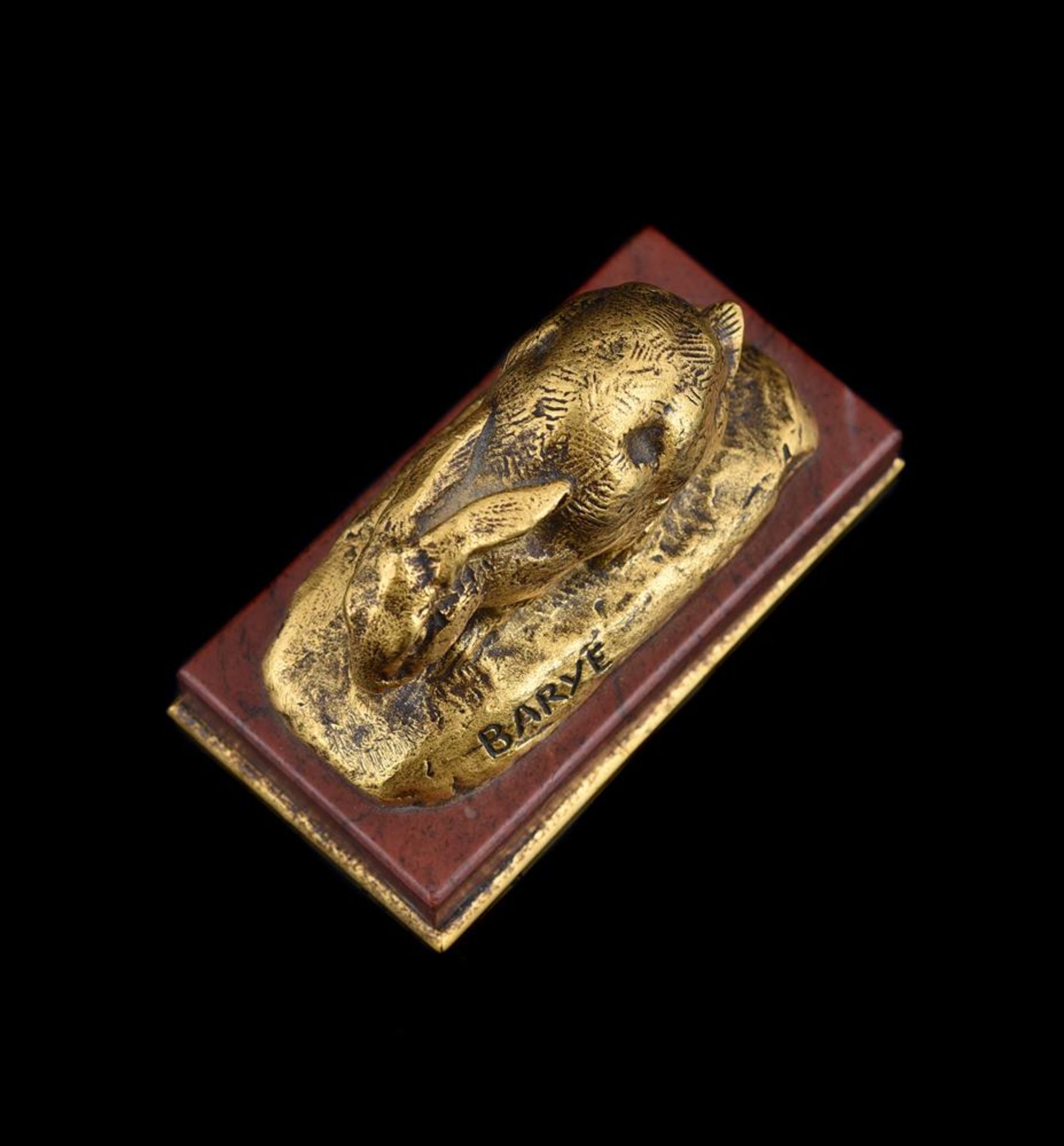 ANTOINE-LOUIS BARYE (FRENCH, 1795-1875), A GILT BRONZE MODEL OF A CROUCHING RABBIT - Image 5 of 6