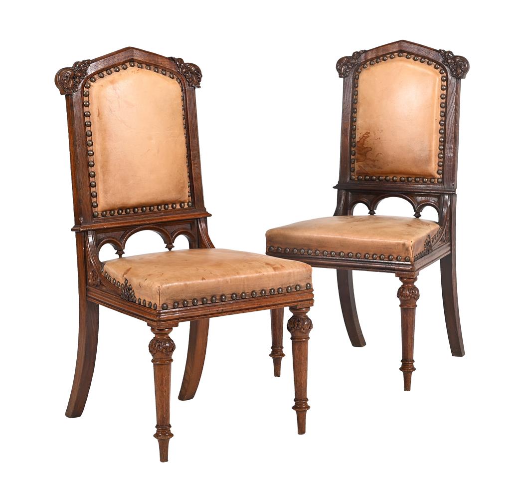 A SET OF SIX VICTORIAN GOTHIC REVIVAL OAK DINING CHAIRS, IN THE MANNER OF A.W.N. PUGIN, CIRCA 1840 - Image 2 of 4