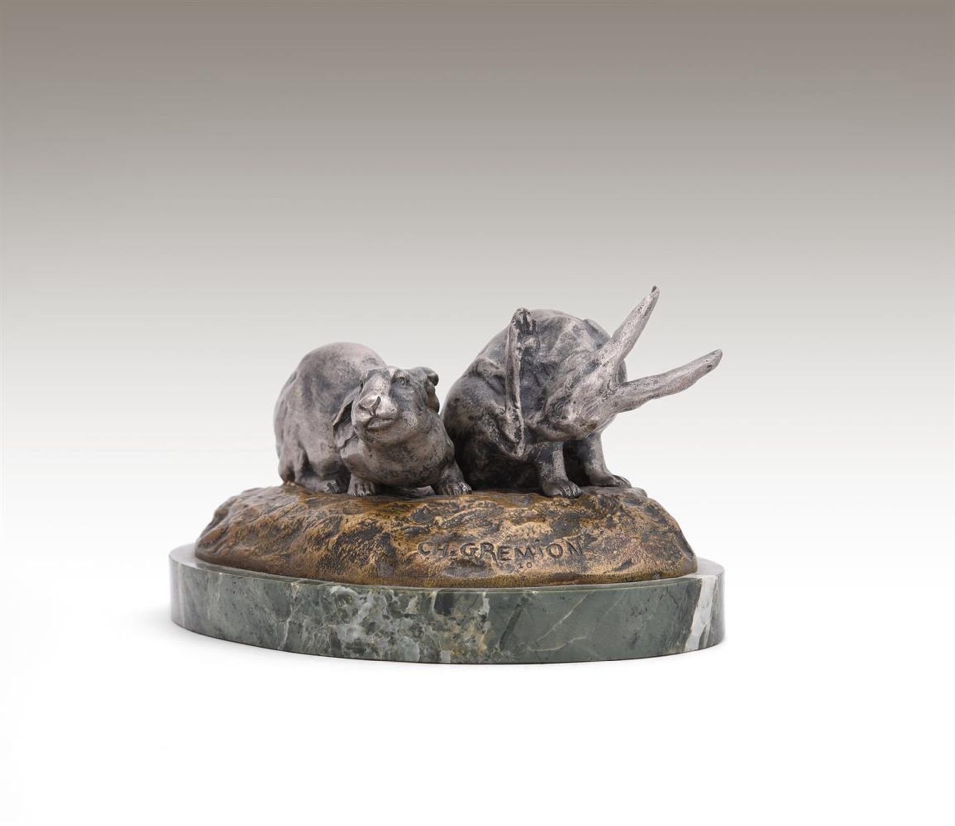 CHARLES GREMION (FRENCH, 19TH/20TH CENTURY), A SILVERED AND GILDED BRONZE GROUP OF TWO RABBITS - Bild 7 aus 7