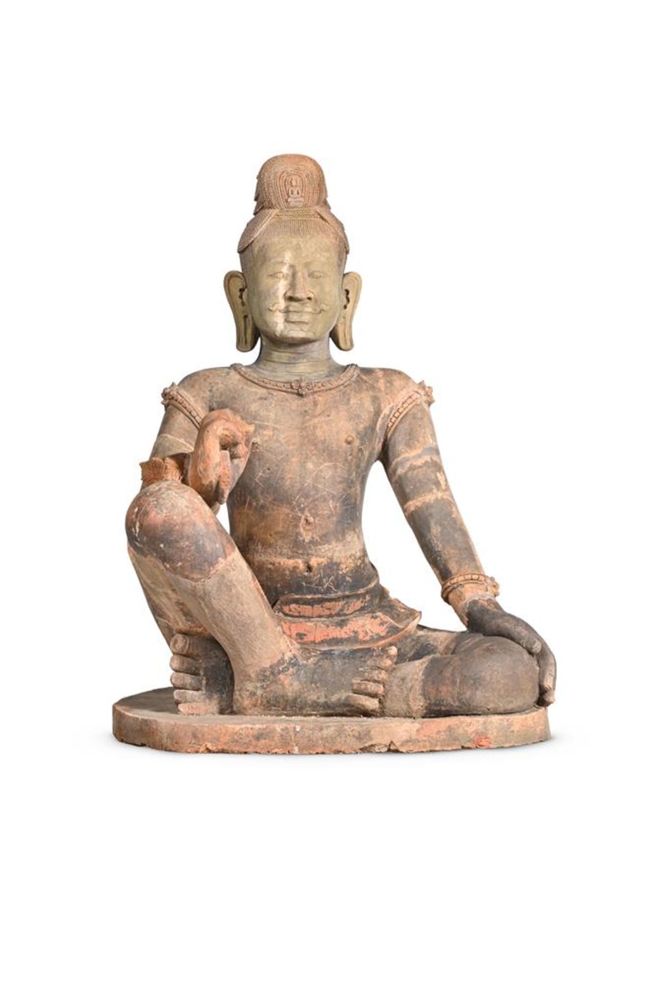 A LARGE TERRACOTTA SEATED FIGURE OF A MALE DEITY, PROBABLY 19TH OR EARLY 20TH CENTURY