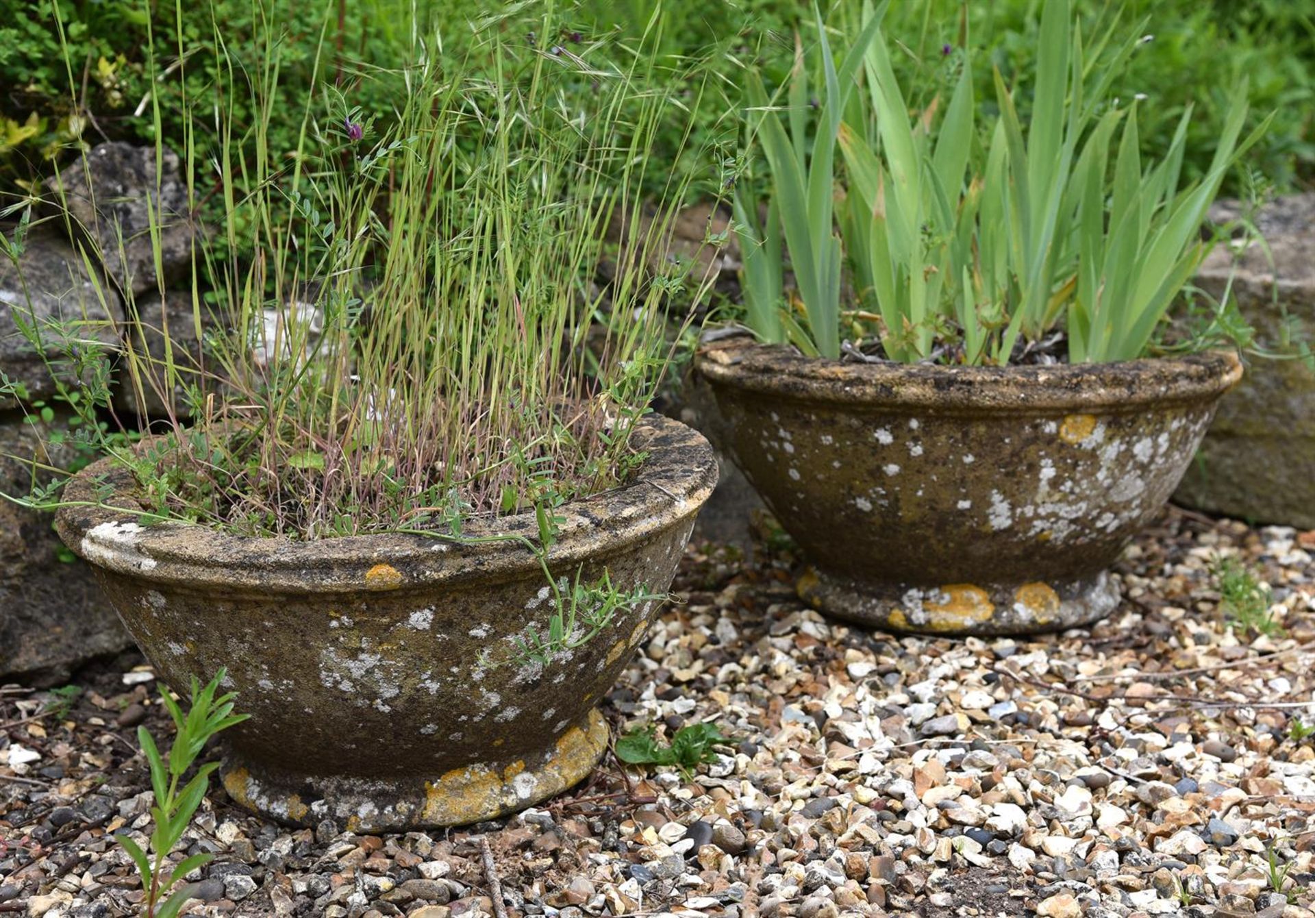 A PAIR OF COMPOSITION STONE POTS, 20TH CENTURY