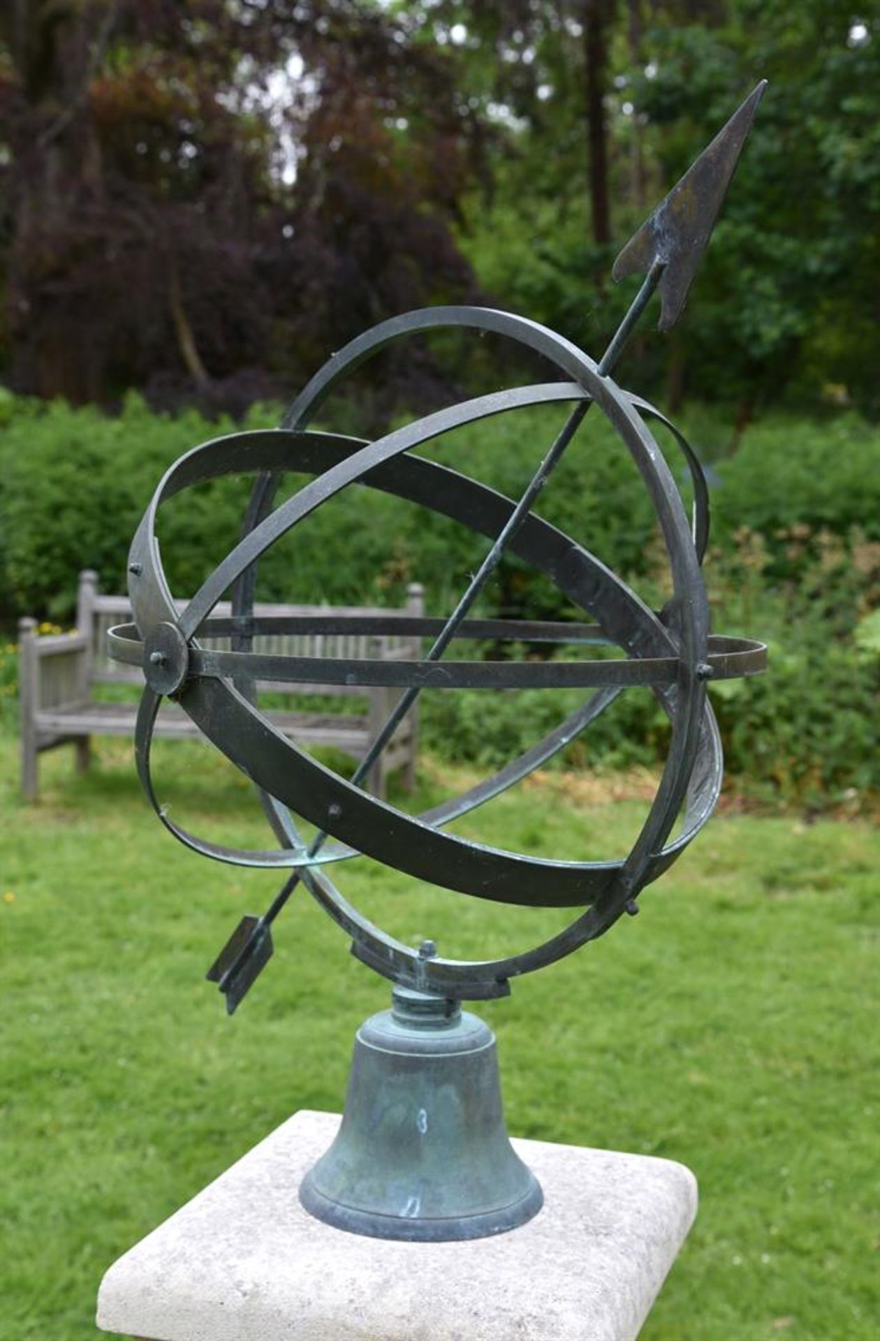 AN ARMILLARY SPHERE OR SUNDIAL ON A LIMESTONE PEDESTAL BASE, MODERN - Image 2 of 2