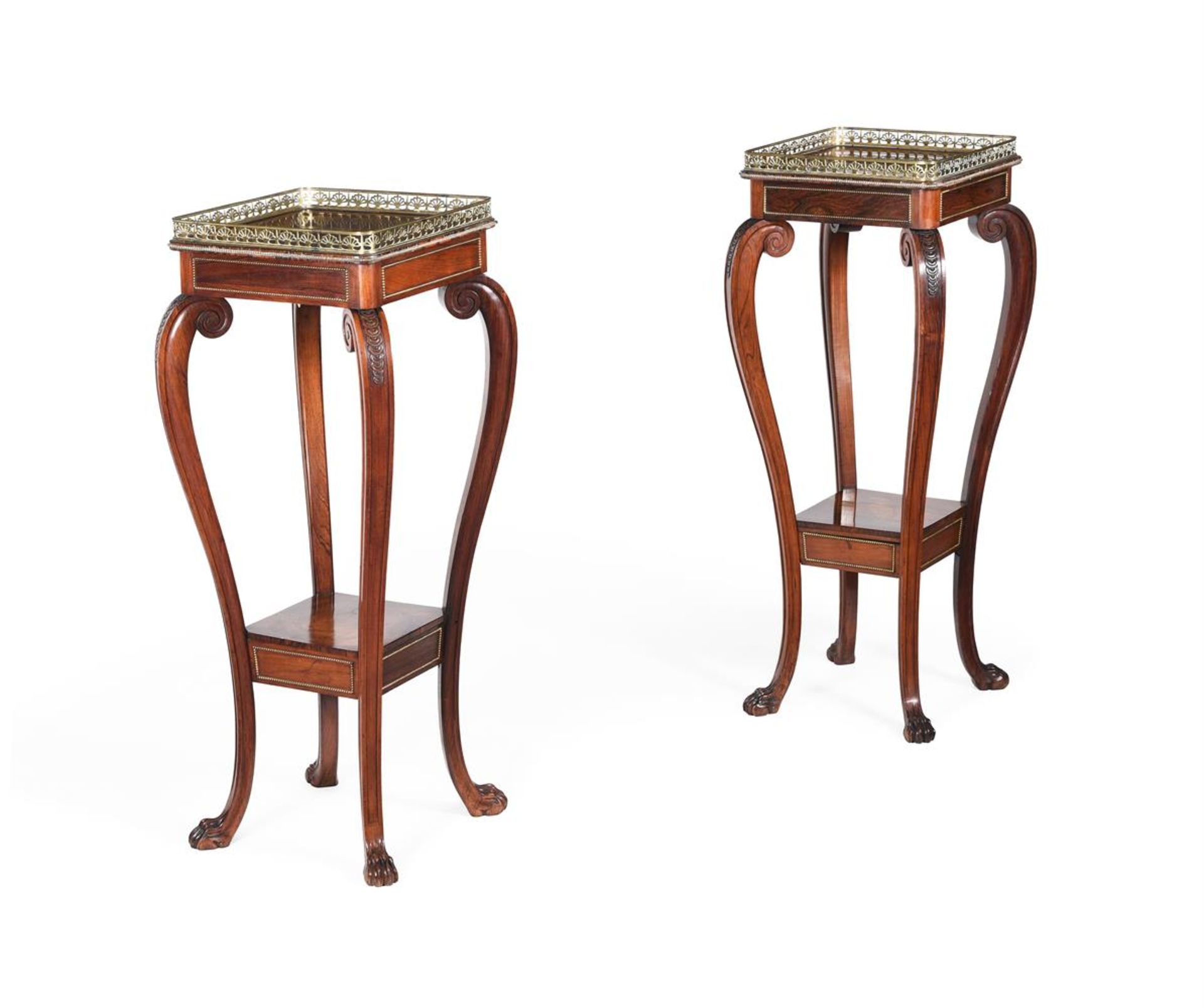 Y A PAIR OF REGENCY ROSEWOOD AND GILT METAL MOUNTED TWO TIER PEDESTALS OR ETAGERES, CIRCA 1815-20