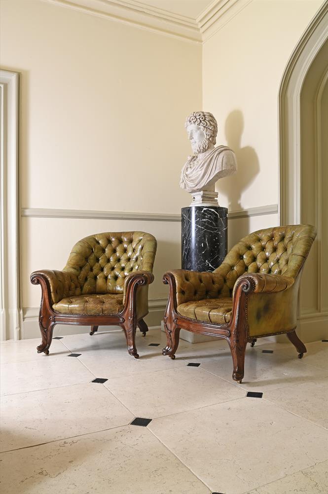 A PAIR OF WILLIAM IV CARVED WALNUT AND GREEN LEATHER UPHOLSTERED ARMCHAIRS, CIRCA 1835 - Image 2 of 2