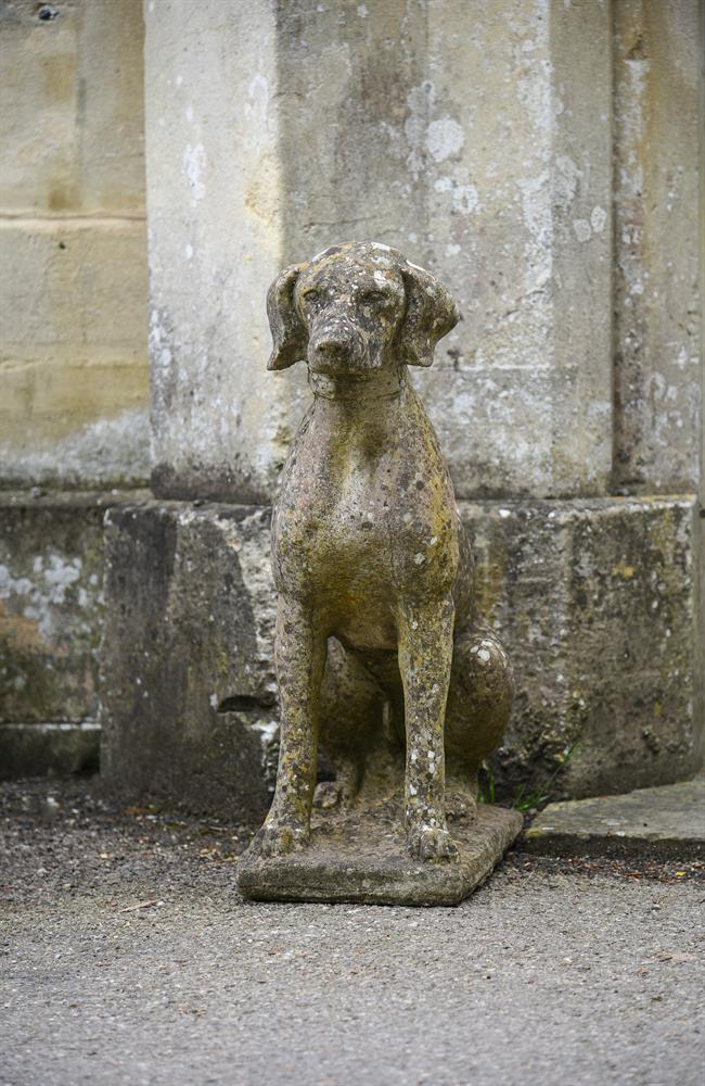 A PAIR OF COMPOSITION STONE MODELS OF SEATED HOUNDS, 20TH CENTURY - Image 3 of 4