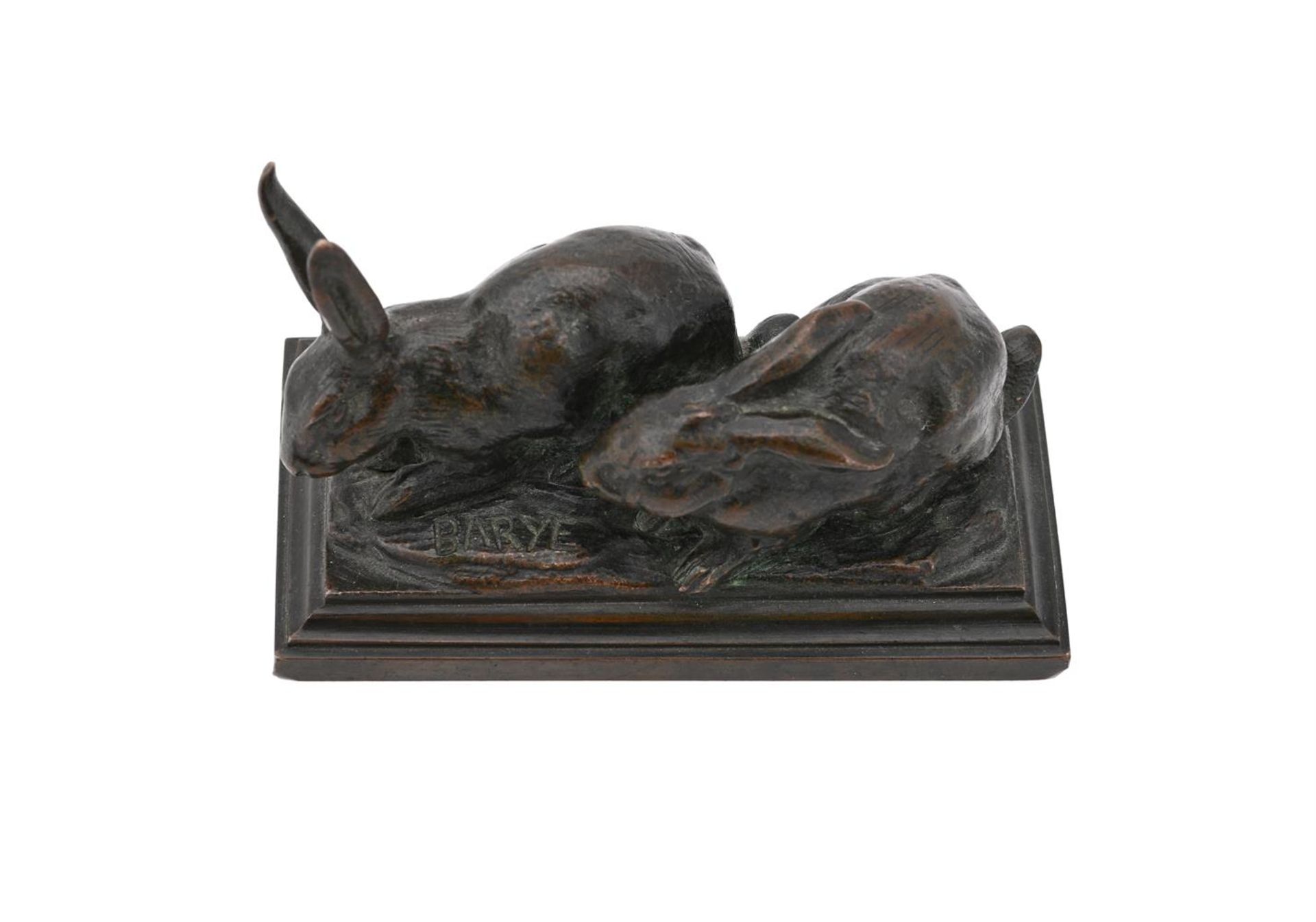 ANTOINE-LOUIS BARYE (FRENCH, 1795-1875), A BRONZE GROUP OF A PAIR OF RABBITS - Image 3 of 5