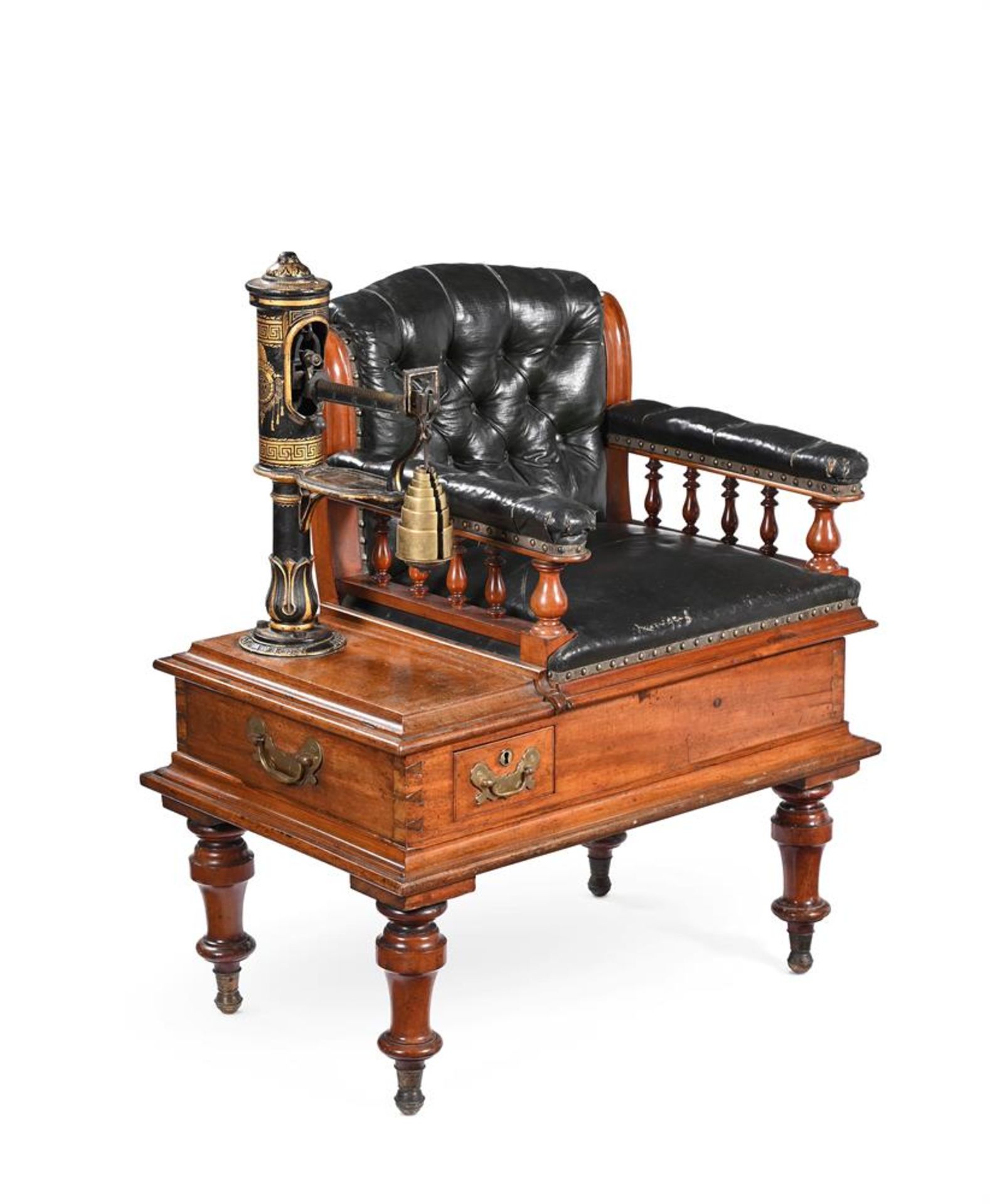 A VICTORIAN MAHOGANY AND BUTTONED LEATHER JOCKEY SCALES CHAIR, BY W & T AVERY, 19TH CENTURY