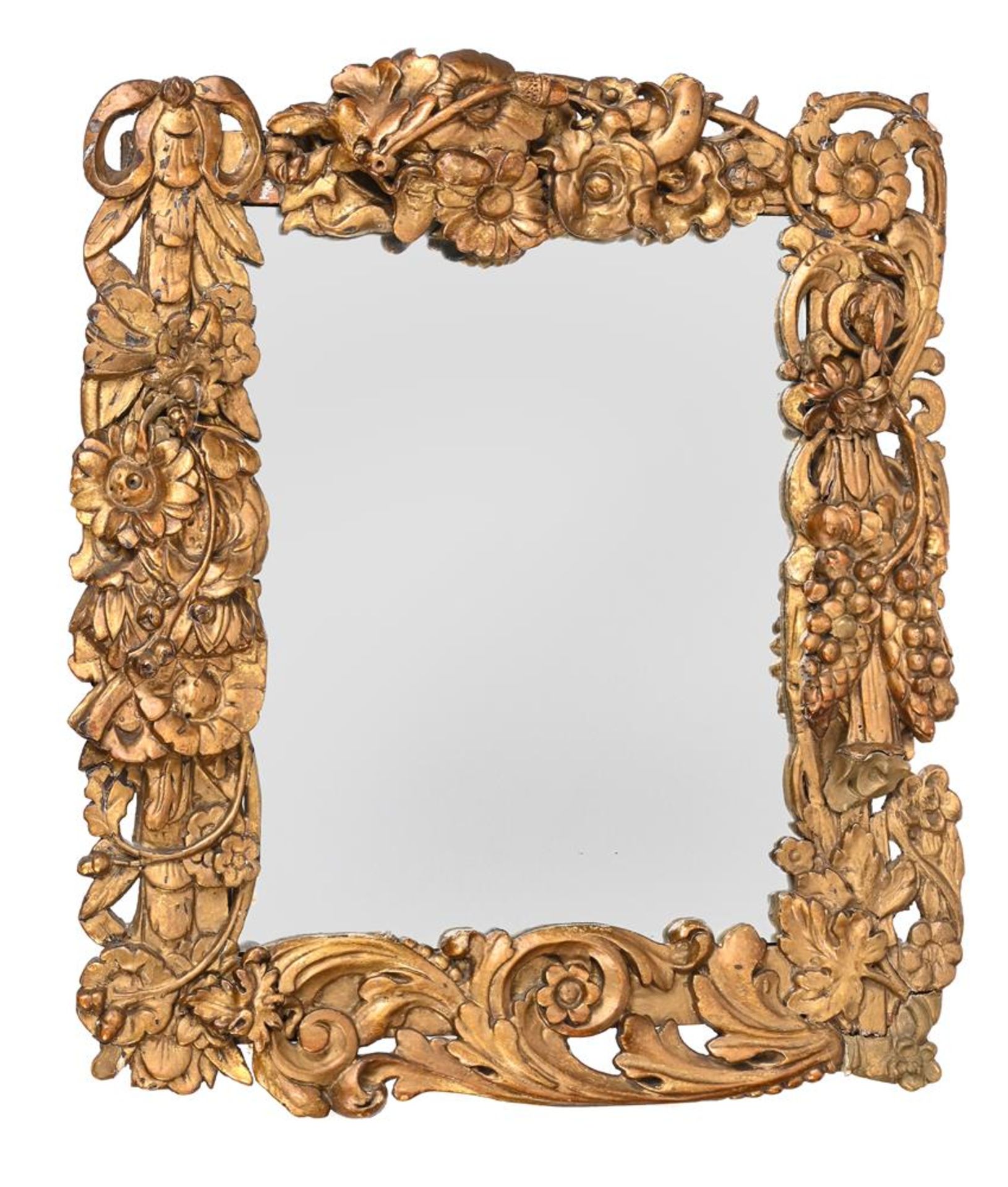 A SMALL CARVED GILTWOOD WALL MIRROR, OF SUNDERLAND TYPE, CIRCA 1680 AND LATER