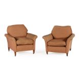 A MATCHED PAIR OF EDWARDIAN WALNUT AND UPHOLSTERED ARMCHAIRS, BY HOWARD AND SONS