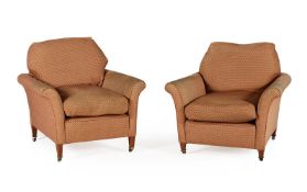 A MATCHED PAIR OF EDWARDIAN WALNUT AND UPHOLSTERED ARMCHAIRS, BY HOWARD AND SONS