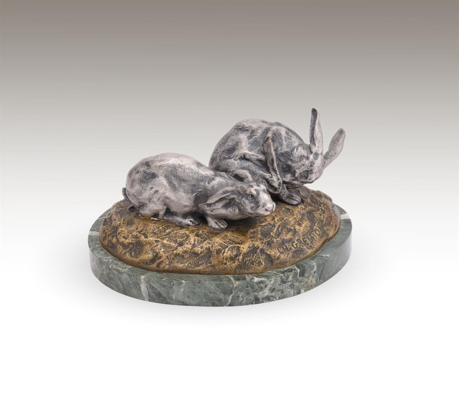 CHARLES GREMION (FRENCH, 19TH/20TH CENTURY), A SILVERED AND GILDED BRONZE GROUP OF TWO RABBITS - Bild 6 aus 7