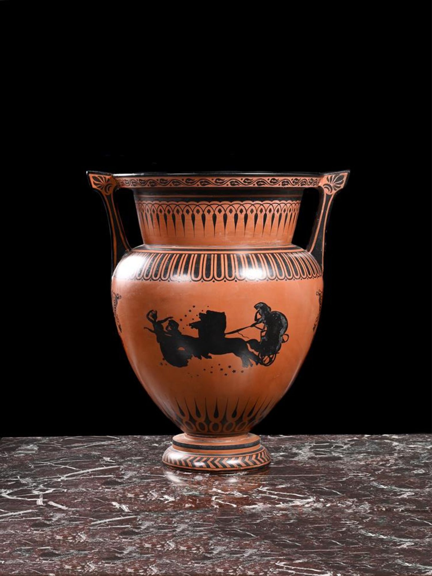 A BLACK FIGURE VOLUTE KRATER VASE IN THE GREEK STYLE, 19TH CENTURY