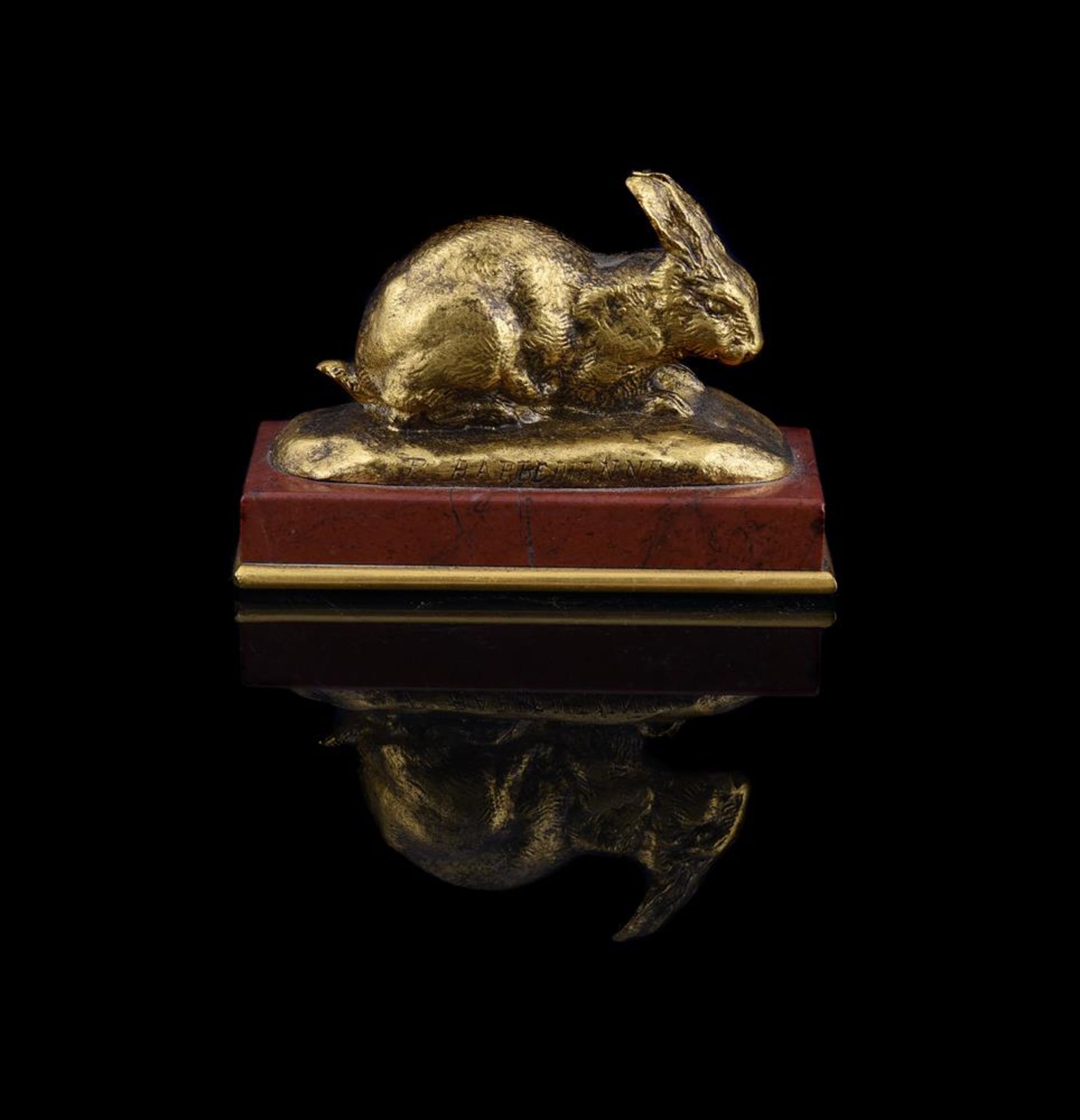 ANTOINE-LOUIS BARYE (FRENCH, 1795-1875), A GILT BRONZE MODEL OF A CROUCHING RABBIT