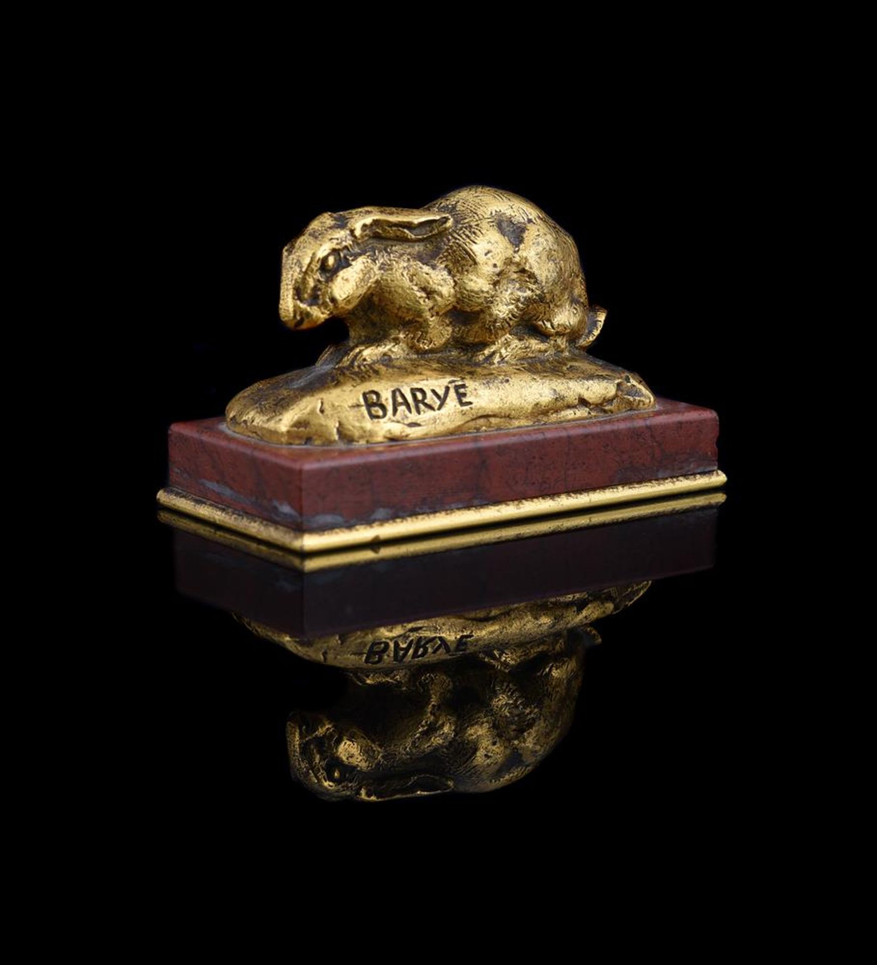 ANTOINE-LOUIS BARYE (FRENCH, 1795-1875), A GILT BRONZE MODEL OF A CROUCHING RABBIT - Image 3 of 6