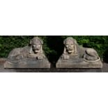 A PAIR OF LARGE COMPOSITION STONE LIONS, IN THE MANNER OF THE HADDONSTONE LEAZES PARK LIONS