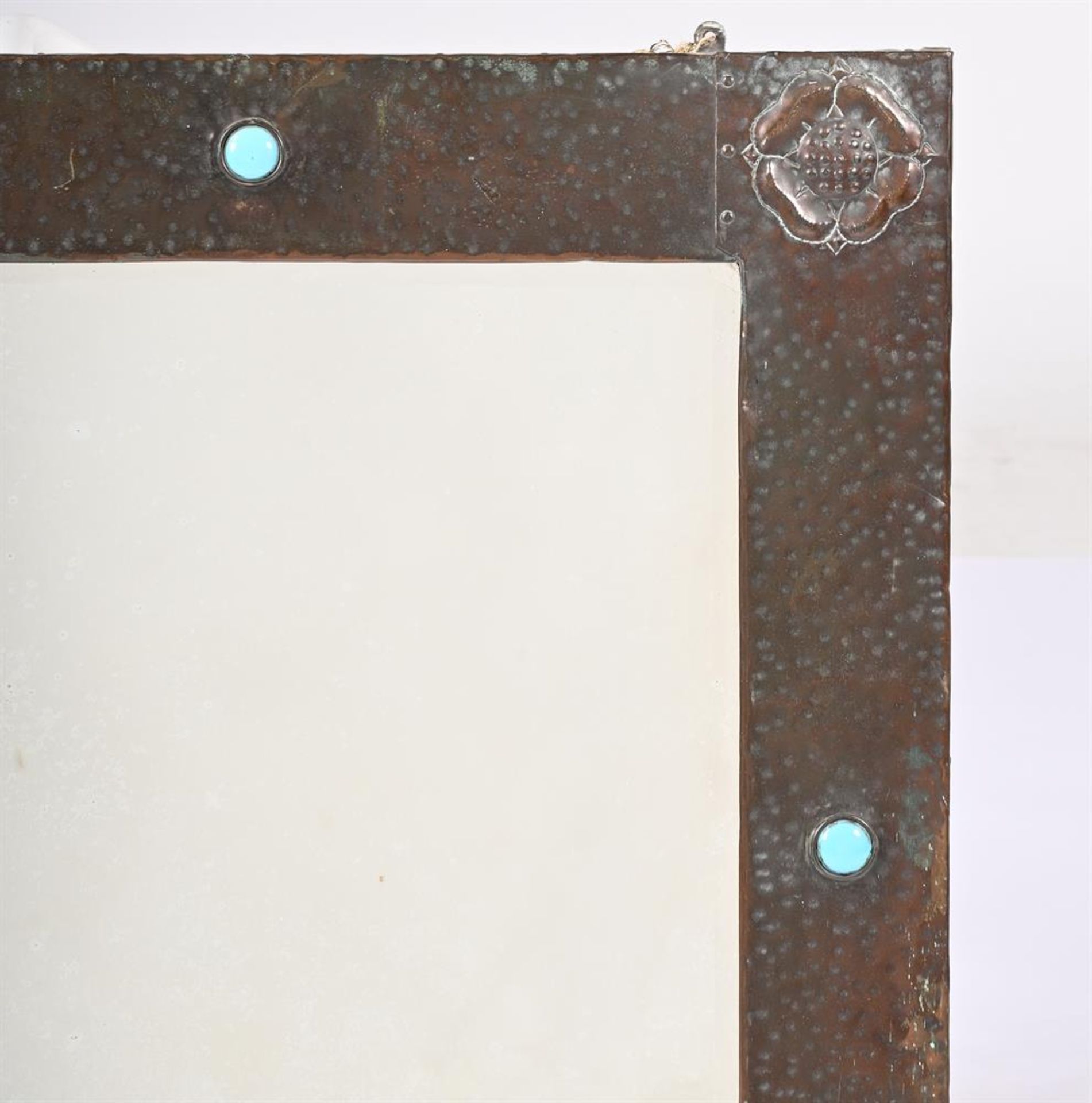 AN ARTS AND CRAFTS HAMMERED COPPER AND TURQUOISE ENAMEL WALL MIRROR, BY LIBERTY & CO - Image 3 of 4