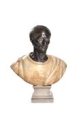 AFTER THE ANTIQUE, A 'GRAND TOUR' BRONZE AND WHITE MARBLE BUST OF JULIUS CAESAR, LATE 18TH CENTURY