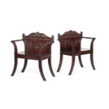 A PAIR OF MAHOGANY HALL SEATS, IN GEORGE III STYLE, LATE 19TH OR 20TH CENTURY