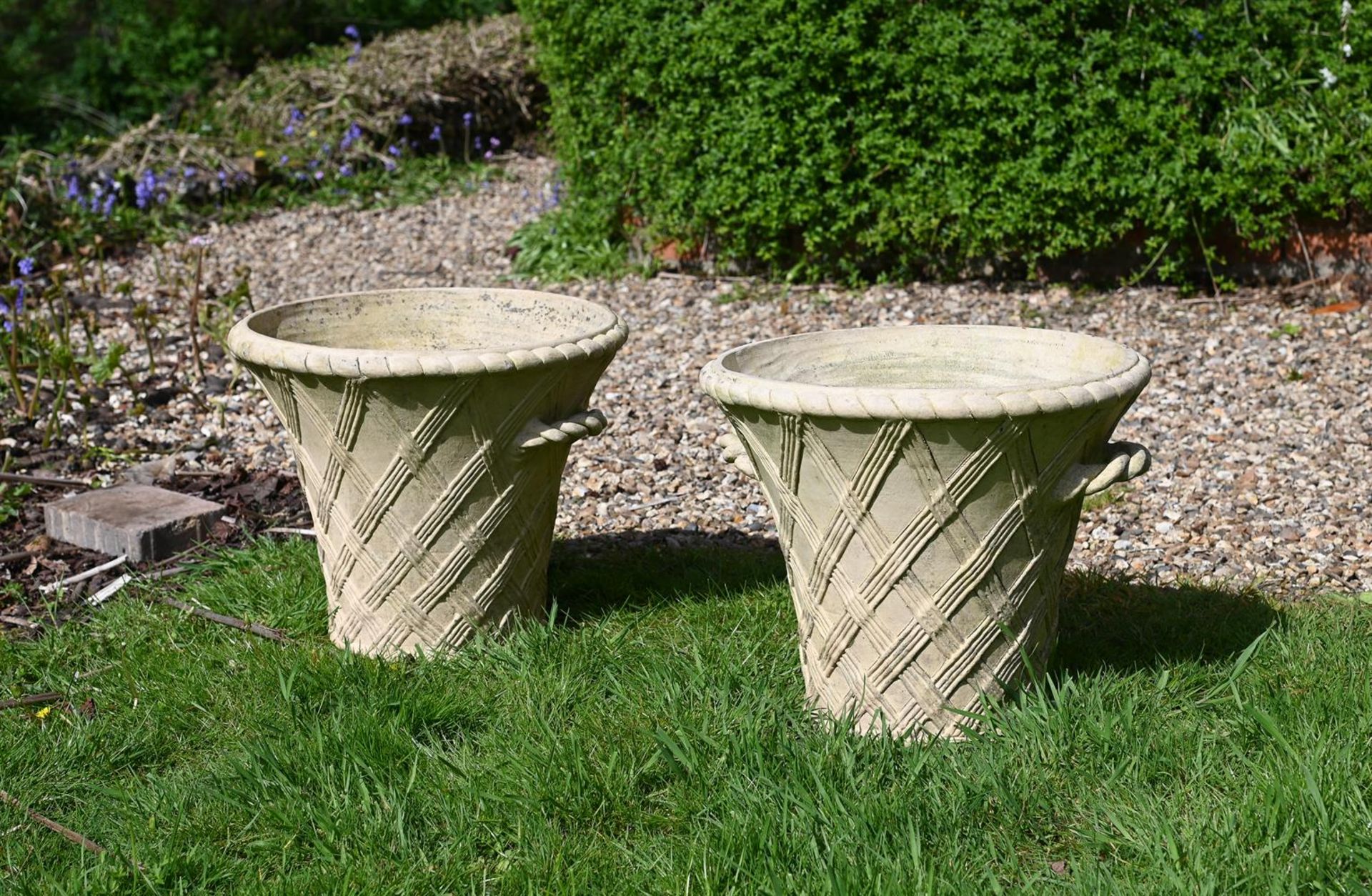 A PAIR OF BUFF COLOURED TERRACOTTA URNS, BY THOMASON CUDWORTH, MODERN