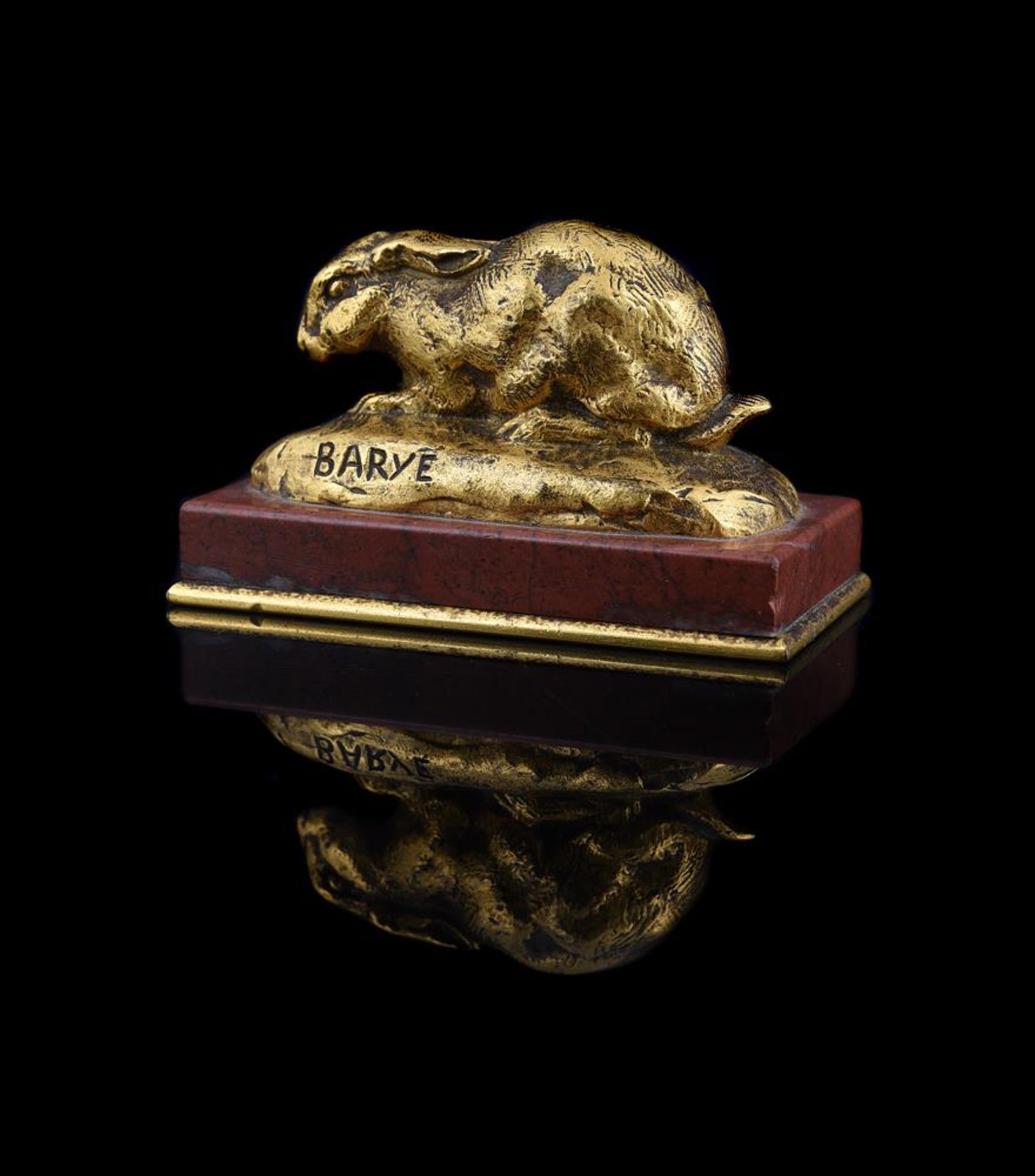 ANTOINE-LOUIS BARYE (FRENCH, 1795-1875), A GILT BRONZE MODEL OF A CROUCHING RABBIT - Image 2 of 6