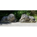 A LARGE PAIR OF ITALIAN CARVED LIMESTONE FIGURES OF LIONS, LATE 20TH CENTURY