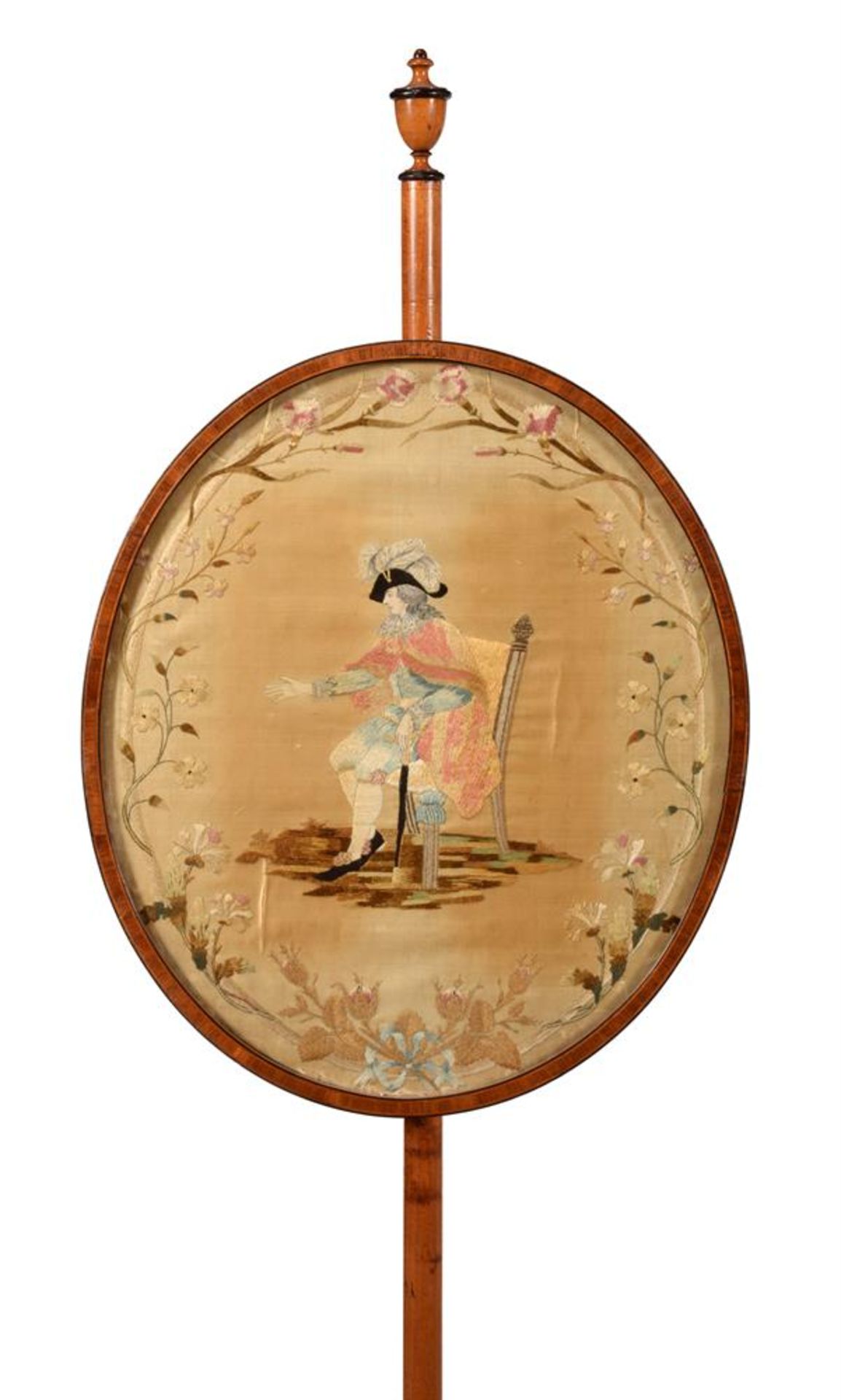 A PAIR OF GEORGE III SATINWOOD AND POLYCHROME PAINTED POLE SCREENS, CIRCA 1800 - Image 2 of 6