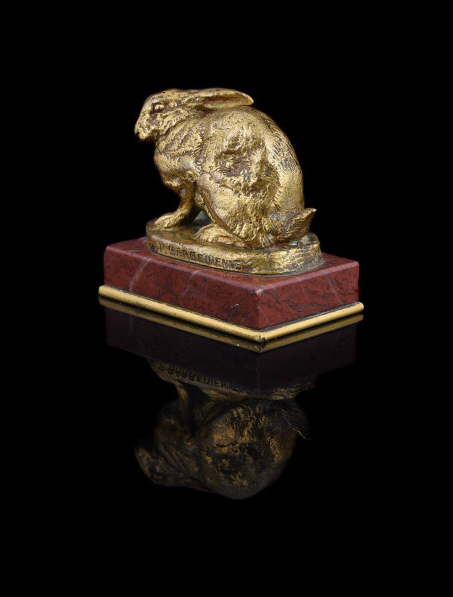 ANTOINE-LOUIS BARYE (FRENCH, 1795-1875), A GILT BRONZE MODEL OF A CROUCHING RABBIT - Image 6 of 7