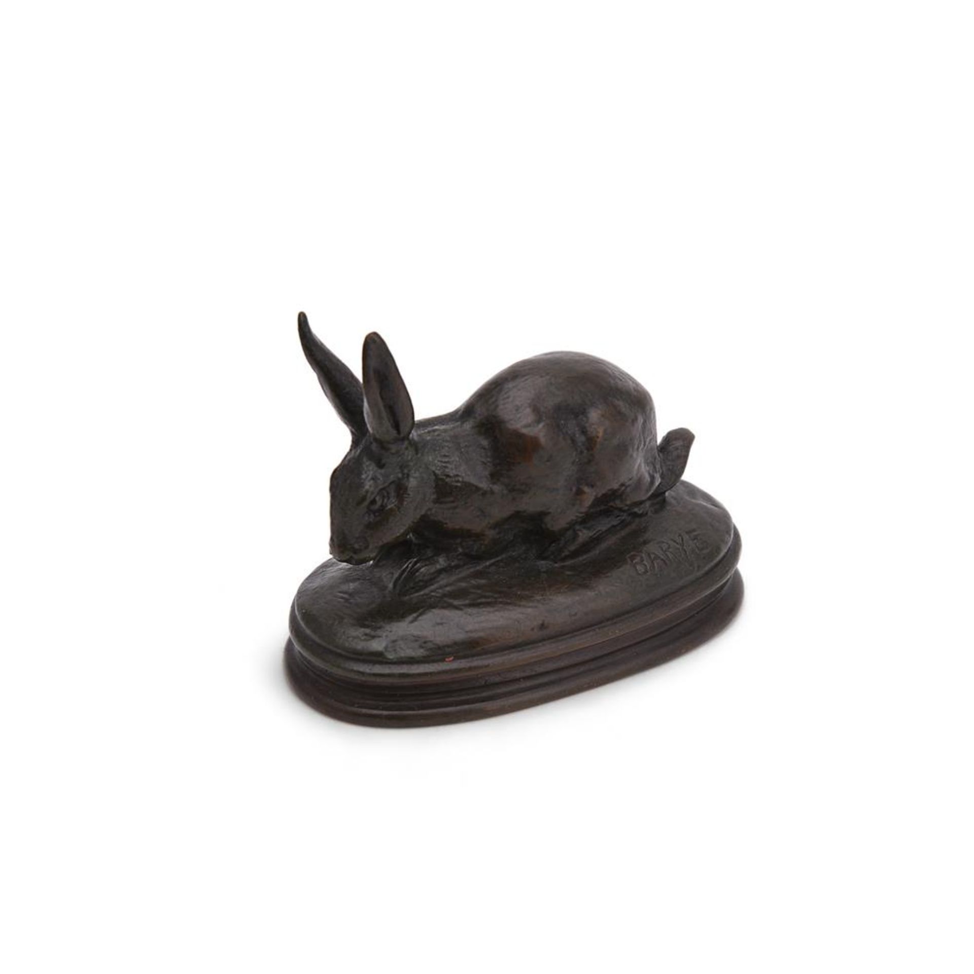 ANTOINE-LOUIS BARYE (FRENCH, 1795-1875), A BRONZE MODEL OF A CROUCHING RABBIT - Image 3 of 5