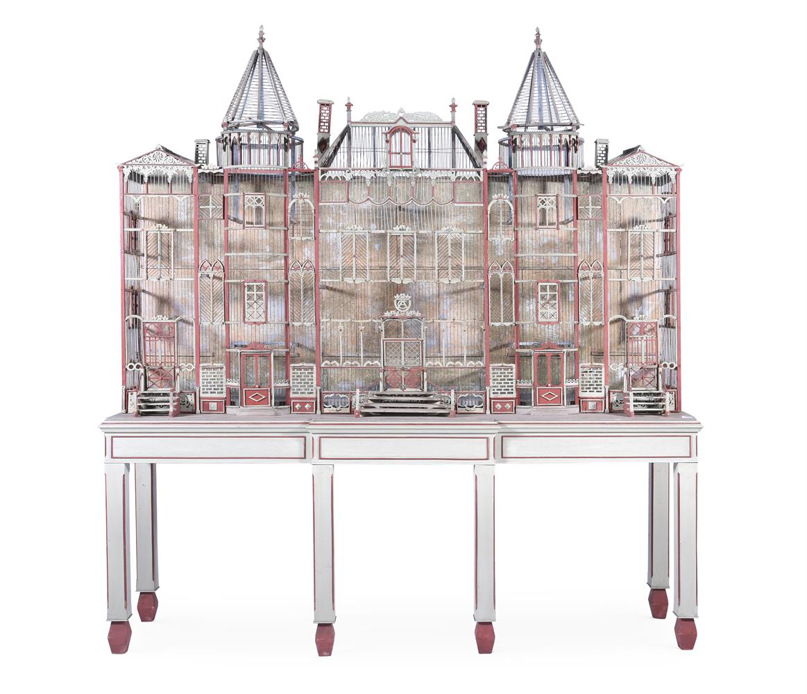 A LARGE PAINTED WOOD AND WIREWORK BIRDCAGE, FIRST HALF 20TH CENTURY