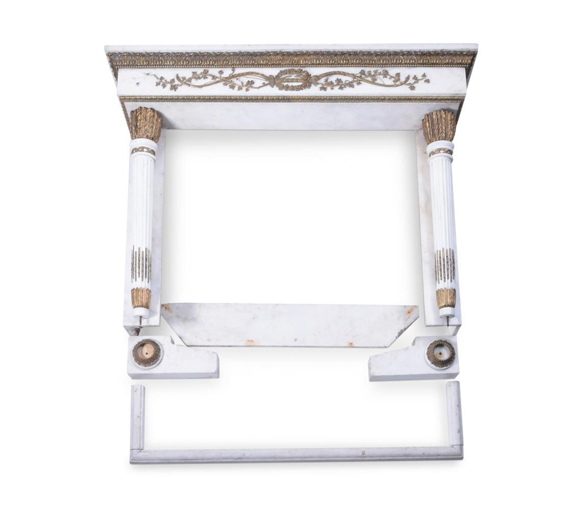 A GILT METAL MOUNTED CARRARA MARBLE FIRE SURROUND, AFTER JOSEPH-FRANÇOIS BÉLANGER, CIRCA 1900