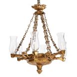 A GILT BRONZE SIX BRANCH HANGING LIGHT IN THE GOTHIC TASTE IN THE MANNER OF WILLIAM COLLINS