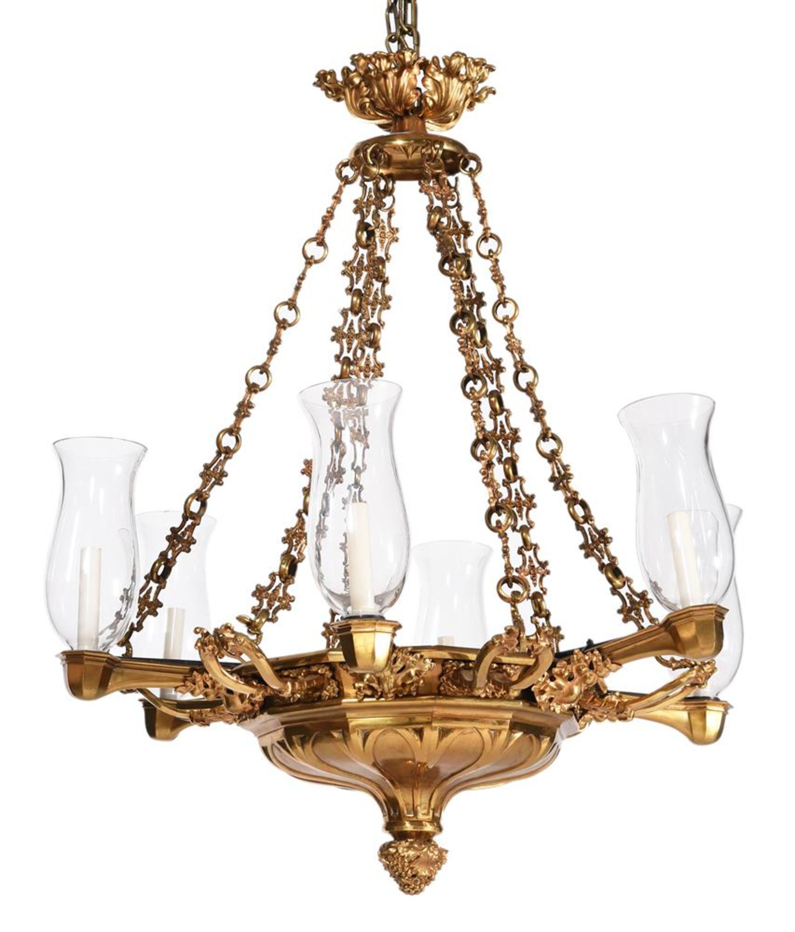 A GILT BRONZE SIX BRANCH HANGING LIGHT IN THE GOTHIC TASTE IN THE MANNER OF WILLIAM COLLINS