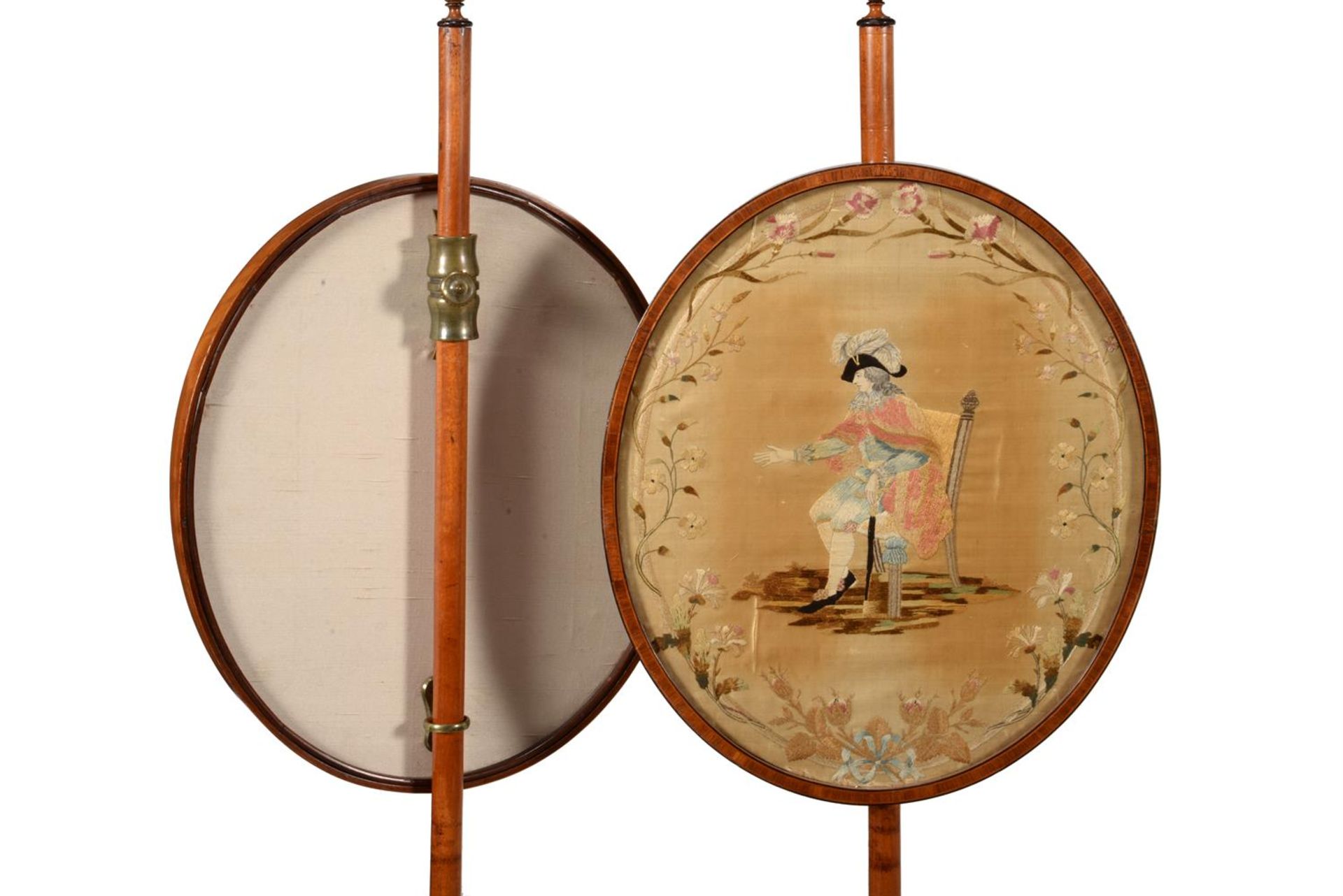 A PAIR OF GEORGE III SATINWOOD AND POLYCHROME PAINTED POLE SCREENS, CIRCA 1800 - Image 4 of 6