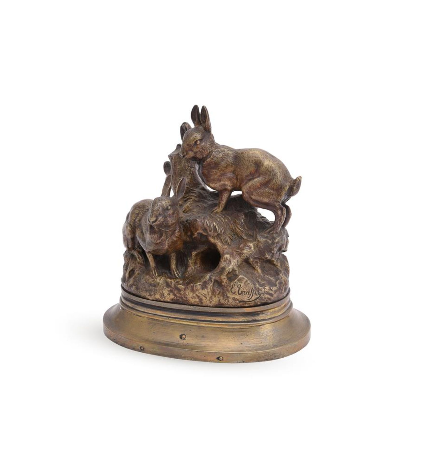 EMILE LOUIS TRUFFOT (FRENCH, 1843-1896), A BRONZE MODEL OF A PAIR OF RABBITS BY THEIR BURROW - Image 2 of 4
