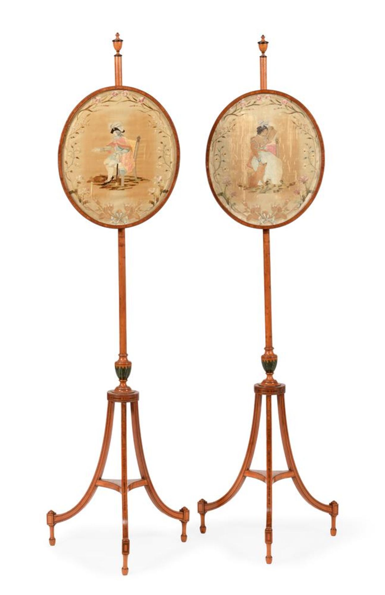 A PAIR OF GEORGE III SATINWOOD AND POLYCHROME PAINTED POLE SCREENS, CIRCA 1800