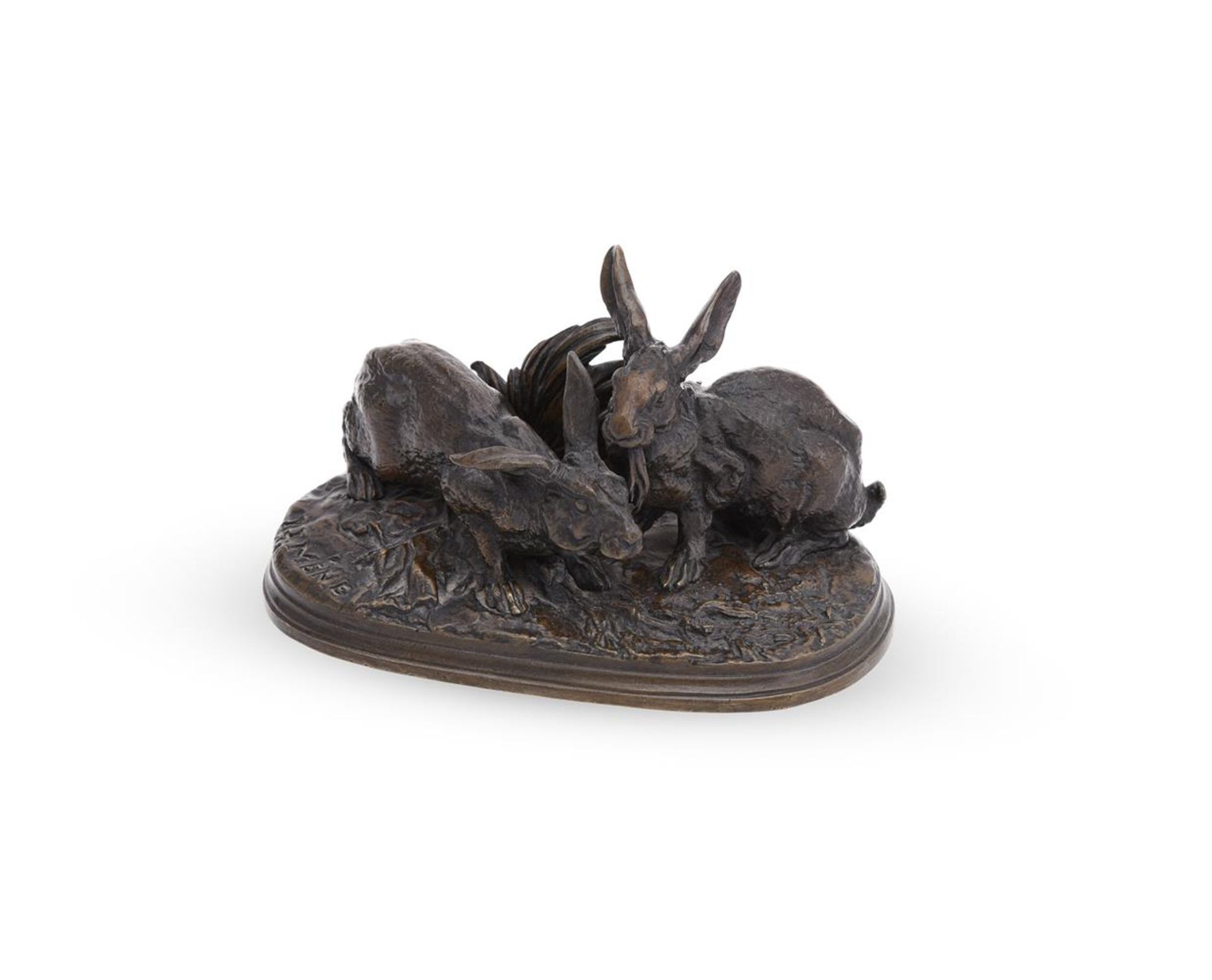 PIERRE-JULES MÊNE (FRENCH, 1810-1879), A RARE BRONZE MODEL OF A PAIR OF RABBITS