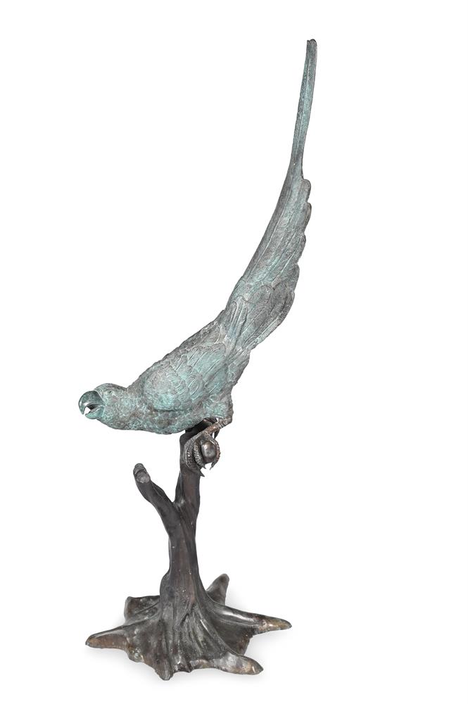 A LARGE VERDIGRIS PATINATED BRONZE MODEL OF A PARROT, MODERN