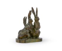 JEAN MARIE JOSEPH MAGROU (FRENCH, 1869-1945), A RARE BRONZE GROUP WITH THREE ALERT HARES