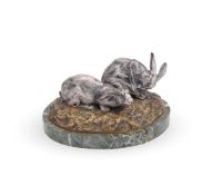 CHARLES GREMION (FRENCH, 19TH/20TH CENTURY), A SILVERED AND GILDED BRONZE GROUP OF TWO RABBITS