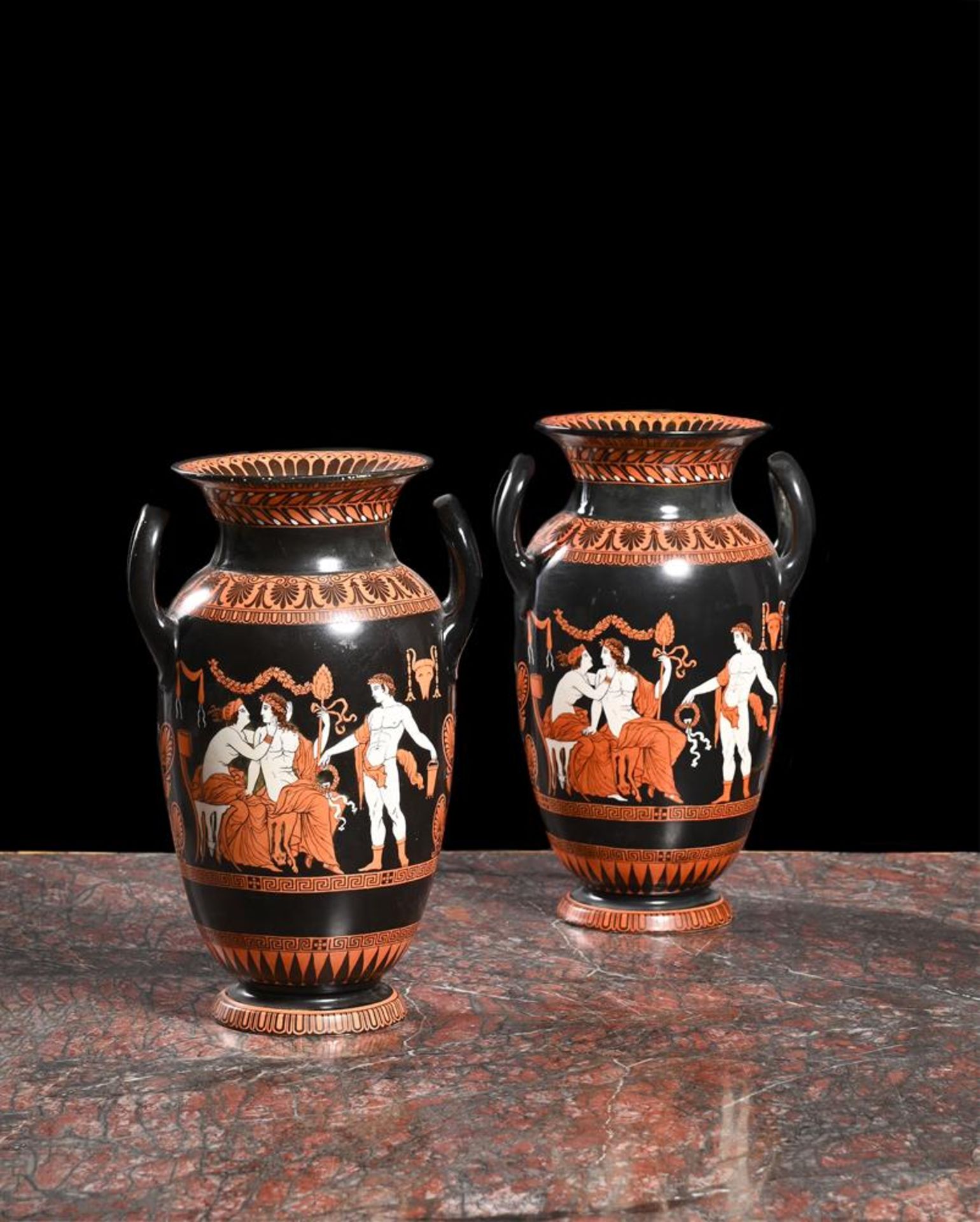 SAMUEL ALCOCK & CO, A PAIR OF ETRUSCAN STYLE VASES, CIRCA 1850-1880