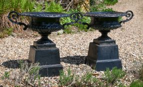 A PAIR OF VICTORIAN CAST IRON TWIN HANDLED PLANTERS ON STANDS, CIRCA 1880