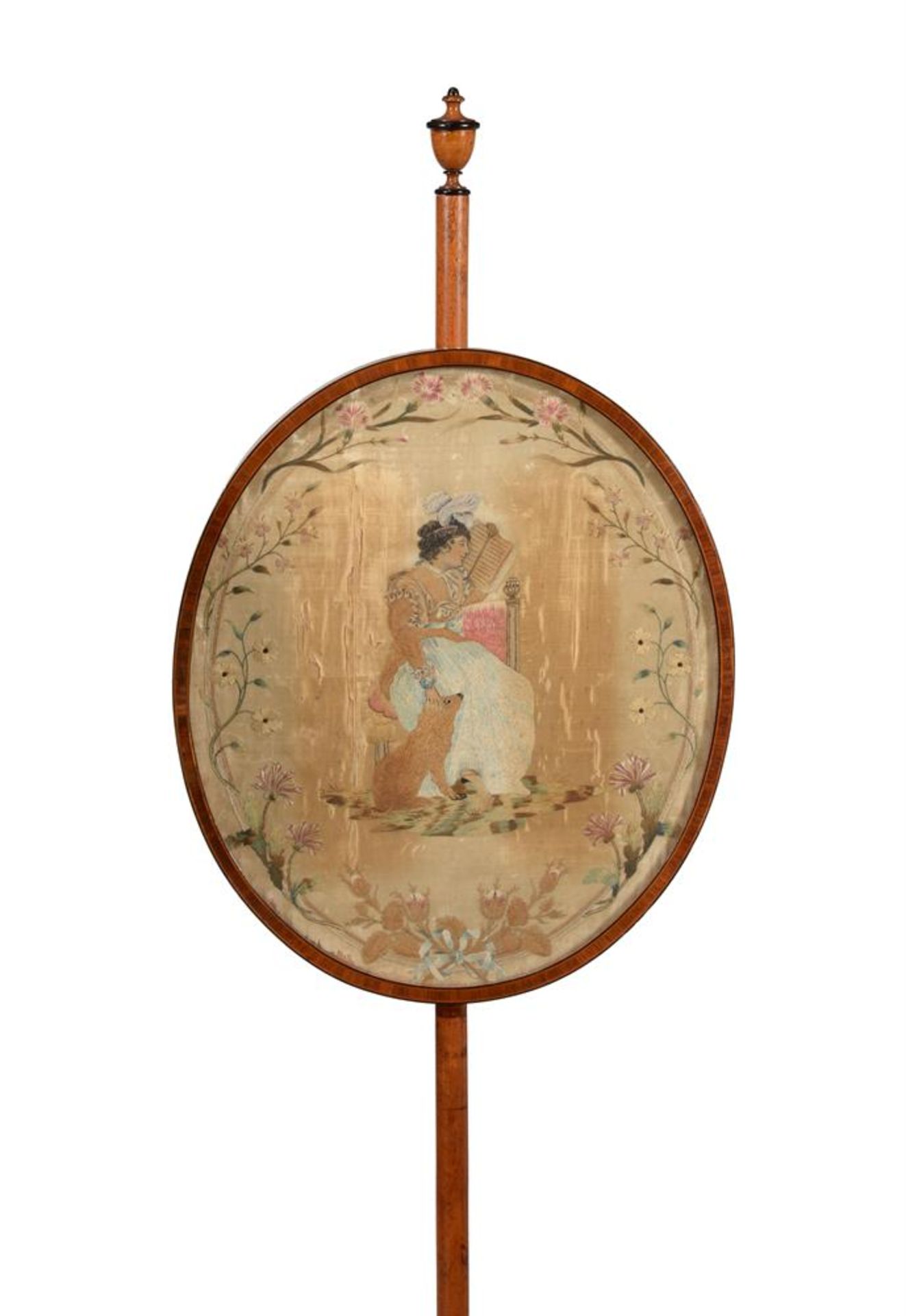 A PAIR OF GEORGE III SATINWOOD AND POLYCHROME PAINTED POLE SCREENS, CIRCA 1800 - Image 3 of 6