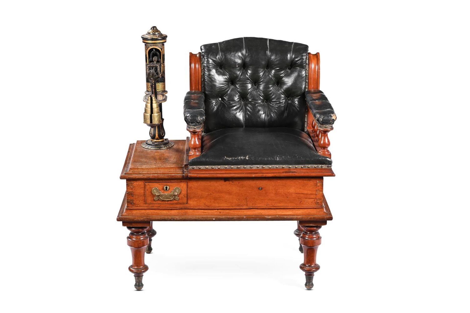A VICTORIAN MAHOGANY AND BUTTONED LEATHER JOCKEY SCALES CHAIR, BY W & T AVERY, 19TH CENTURY - Image 2 of 2