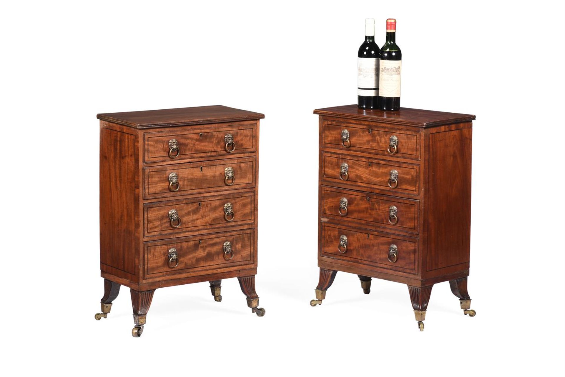 Y A PAIR OF MAHOGANY AND EBONY STRUNG SMALL CHESTS, EARLY 19TH CENTURY AND LATER